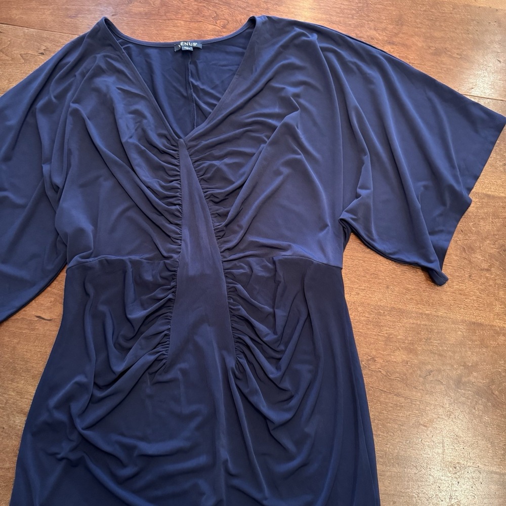 Venus Maxi Dress Women Large Navy Blue Ruched V-Neck Kimono Sleeve Side Slit